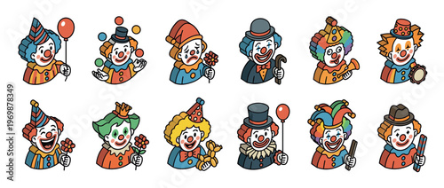 Cartoon clowns characters set with various expressions and props, depicting circus performers and entertainers for events and parties.