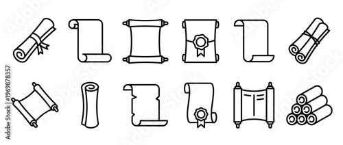 Scrolls and diplomas icons set representing ancient documents, certificates, and rolled paper for education, history, and legal concepts.