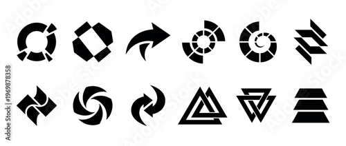 Abstract geometric shapes and modern design elements collection featuring various arrows, circles, triangles, and other symbolic forms.