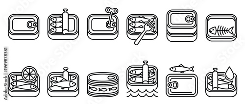 Canned fish icons illustrate various seafood products, including sardines in different tin containers, some open with a fork or lemon, others closed.