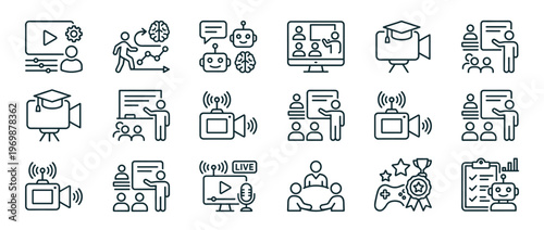 Modern online education, artificial intelligence, and technology development icons for digital learning and training concepts.