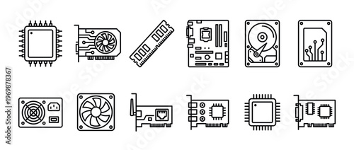 Computer hardware components line art icons set featuring various essential PC parts for technology and electronics design.