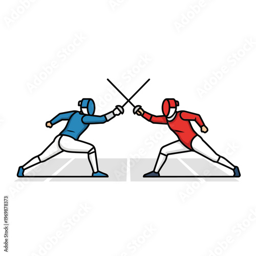Two Fencers in Combat, Red vs Blue, Sword Fighting, Sport Competition