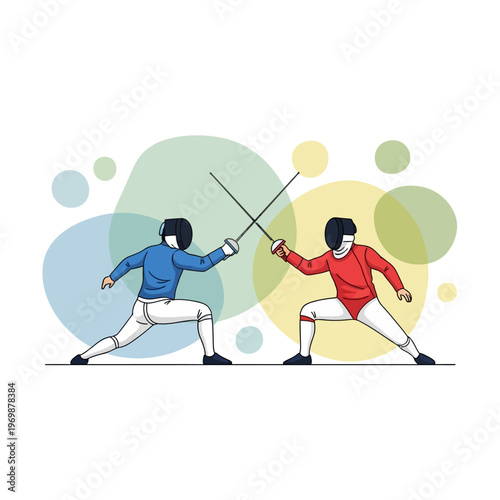 Two Fencers in Combat, Sport Competition, Vector Illustration
