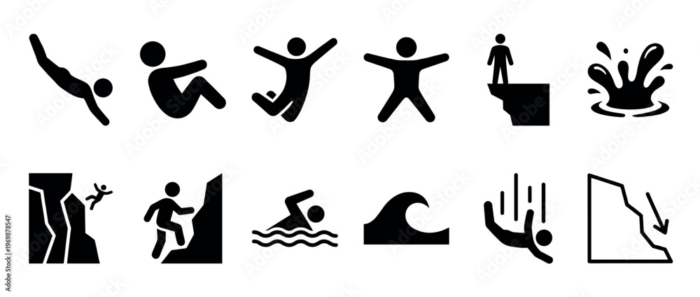 Obraz premium Black silhouette icons illustrating various outdoor activities, potential dangers, and natural elements like water and cliffs.