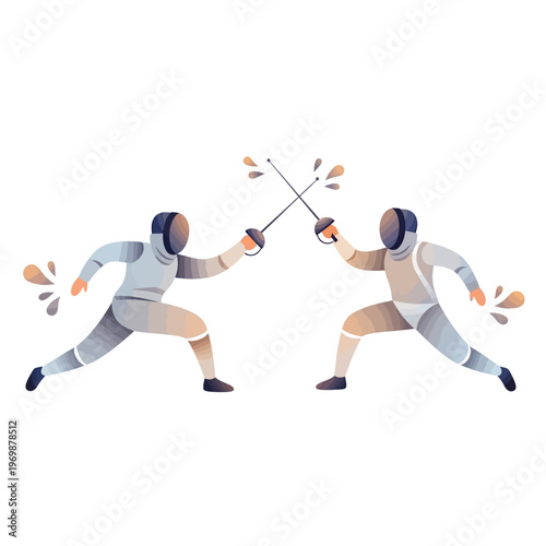 Two Fencers in Combat, Swords Crossed, Dynamic Action Illustration