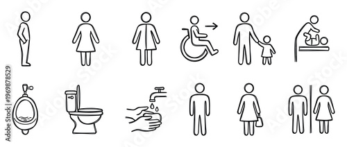 Hand drawn doodle style public restroom icons set including male, female, disabled, family, baby changing, toilet, urinal, and hand washing symbols.