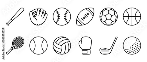 Sports equipment icons set featuring various athletic gear for different games, including balls, bats, rackets, and gloves.