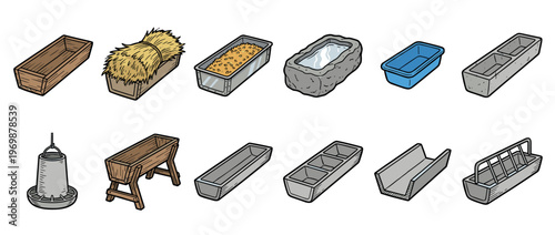 Animal feeders and troughs, a collection of various types of feeding and watering equipment for livestock and farm animals in a cartoon style illustration.