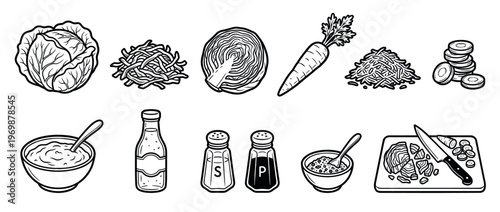 Cabbage, carrots, and various cooking ingredients with kitchen tools for meal preparation and seasoning.