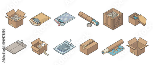 Collection of various shipping and packaging materials including cardboard boxes, padded envelopes, and mailing tubes for delivery services.