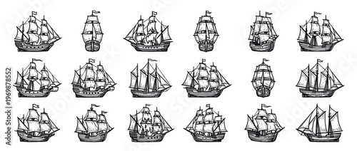 Sailing ship illustrations, a collection of hand-drawn vintage marine vessels in various perspectives, ideal for historical or nautical design projects.