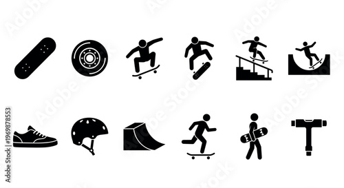 Skateboard and skateboarding icons depicting various actions, equipment, and park features for extreme sports.