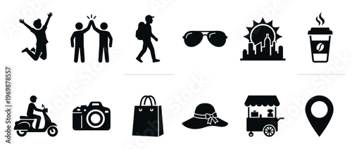 Collection of black silhouette icons representing various travel, leisure, and everyday lifestyle activities and objects.