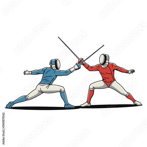 Two Fencers in Duel, Sport Competition, Action, White Background