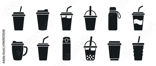 Collection of various beverage cups, bottles, and mugs for hot and cold drinks, suitable for cafes, travel, and everyday use.