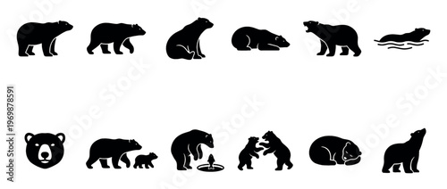 Bear icons in various poses and activities, including walking, sitting, swimming, roaring, sleeping, and interacting with cubs, presented as a collection of black silhouettes.