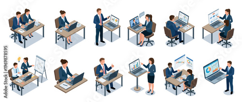 Isometric business people working on laptops, collaborating in meetings, and analyzing data for corporate strategy and financial growth.
