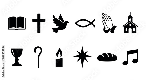 Christian symbols collection featuring various religious icons like a cross, dove, praying hands, church, bible, and chalice, representing faith and spirituality.