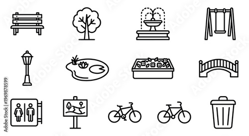 Park elements, outdoor recreation, and public space icons illustrating various amenities found in urban and natural environments.