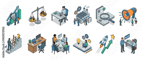 Isometric business concepts illustration set showing people working, achieving goals, collaborating, and developing careers in various professional settings.