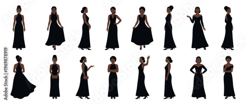 Collection of diverse African American women in elegant black formal dresses, showcasing various poses and styles for sophisticated events.