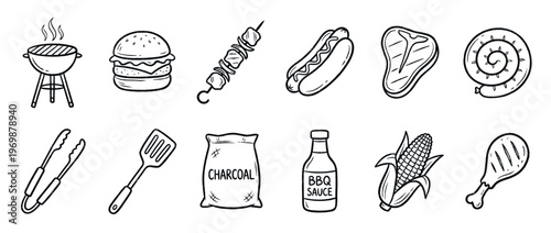 BBQ grill food items and accessories, including burgers, hot dogs, steak, corn, and tools, in a hand-drawn doodle style.