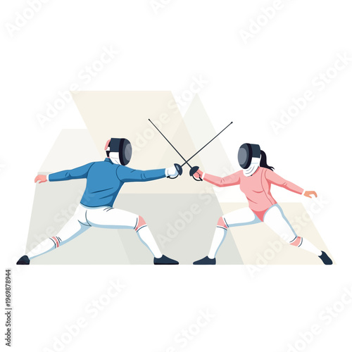 Two Fencers in Protective Gear Duel with Swords on Abstract Geometric Background