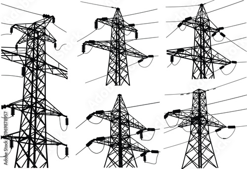 “High voltage electricity transmission tower silhouettes set showing power line structures, industrial energy infrastructure, utility grid towers in detailed vector design”
