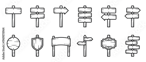 Wooden signs set of various shapes and styles, including arrows and blank boards for information display and navigation.