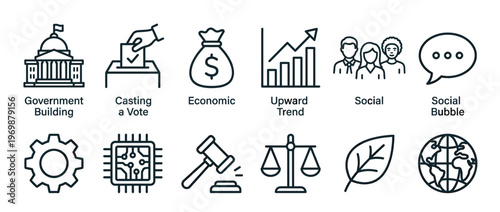 Collection of line icons representing various societal, economic, technological, and environmental concepts for modern business.