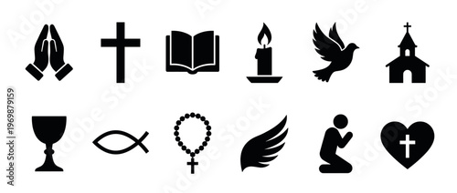 Christian religious symbols icon set featuring praying hands, cross, Bible, candle, dove, church, chalice, fish, rosary, wing, and praying figure.