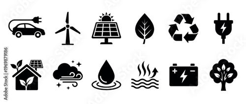 Renewable energy icons and sustainability symbols representing eco-friendly technology, green power, and environmental conservation concepts.