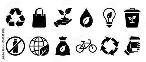 Eco friendly icons collection representing sustainability, recycling, nature, and environmental protection concepts for a greener future.