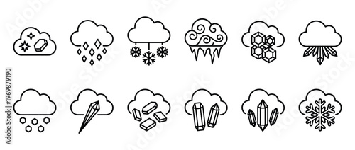 Collection of outline weather icons depicting clouds with various forms of precipitation like snowflakes, hail, ice, and stylized crystals, representing different atmospheric conditions.