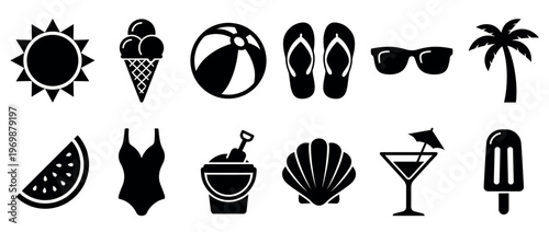 Summer icons set featuring essential beach and vacation elements like sun, ice cream, beach ball, flip flops, sunglasses, and tropical treats.