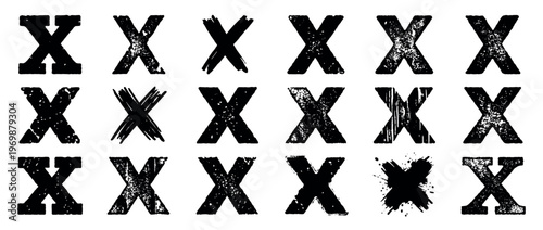 Grunge X marks collection with various distressed, hand-drawn, and ink-splattered textures, perfect for design elements and artistic projects.