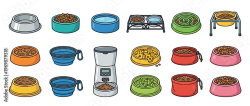 Collection of various pet food and water bowls, including slow feeders, automatic dispensers, and travel accessories for dogs and cats.