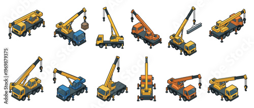 Set of isometric crane trucks in different colors and configurations, representing heavy machinery for construction and logistics.