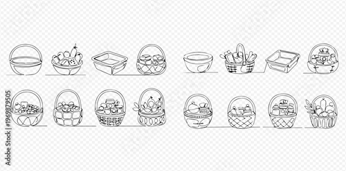 Set of Various Hand-Drawn Outline Baskets and Containers with Different Contents.