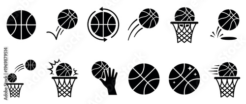 Basketball icons set depicting various actions like shooting, bouncing, spinning, and scoring a basket in a sports game.