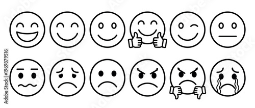 Collection of outline emoji faces depicting a wide range of human emotions from happy to sad and angry.