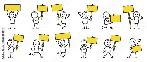 Stick figures holding blank yellow signs, a collection of cartoon characters in various poses ready to display custom messages or information.
