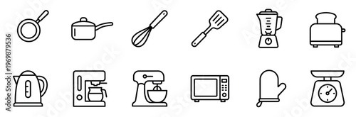 Kitchen utensils and appliances outline icons set featuring various cooking tools and electronic devices for modern home kitchens.