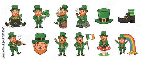 Irish leprechaun characters collection celebrating St. Patrick's Day with various poses, props, and traditional symbols of luck and folklore.