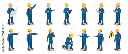 Construction worker isometric character set showing various poses and actions for building, engineering, and industrial concepts.