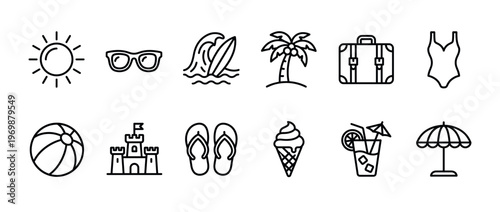 Summer vacation and beach travel outline icons set featuring sun, sunglasses, surfboard, palm tree, suitcase, swimsuit, and more holiday essentials.