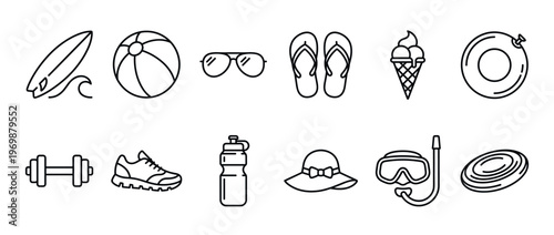 Summer beach vacation fitness icons set in a clean line art style, representing various leisure and activity items.