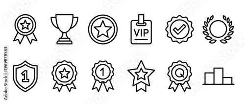 Awards achievements recognition success victory icons set, featuring outline symbols for quality, premium, winner, reward, medal, trophy, badge, star, shield, podium, and laurel.