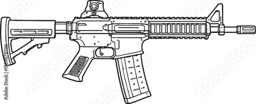 Short Barrel Rifle Black and White Line Art Vector Compact Tactical Firearm Illustration